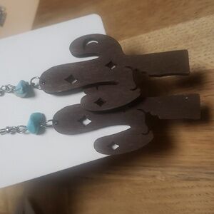 Wooden cactus turquoise stone earrings